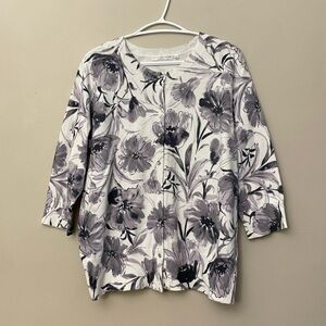 Sarah Spencer Gray & White Floral Cardigan w Gemstone Buttons - Plus Size 2X EUC